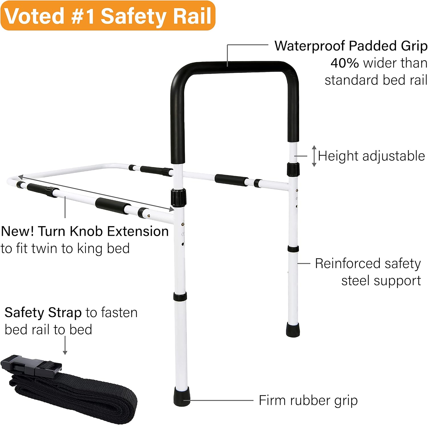 Vaunn Medical Adjustable Bed Assist Rail Handle and Hand Guard Grab Bar, Bedside Safety and Stability (Tool-Free Assembly)