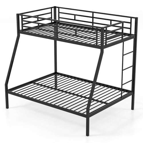 KOMFOTT Twin Over Full Bunk Bed with Trundle, Heavy-Duty Metal Bunk Bed Frame with Guardrail & 2 Ladders, Space-Saving Bunk Bed for Kids/Teens/Adults