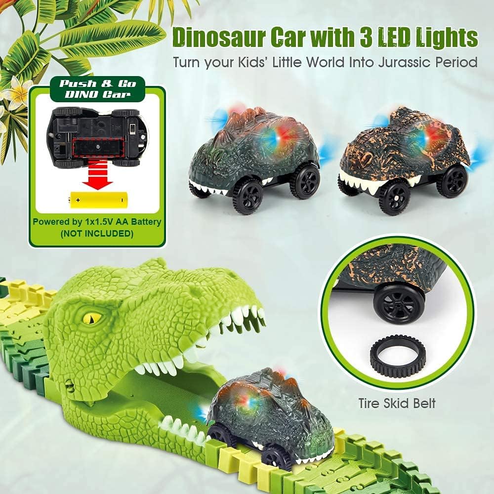 174 PCS Dinosaur Toys Race Track, Flexible Train Tracks with 8 Dinosaurs Figures