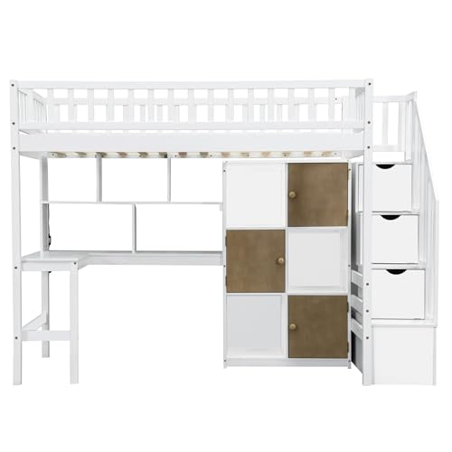 Gaming Bed with Desk,Wardrobe,Ample Storage Space,and RGB LED Light, Full Size Wood Loft Bed for Kids Bedroom (Cloud Blue/K)