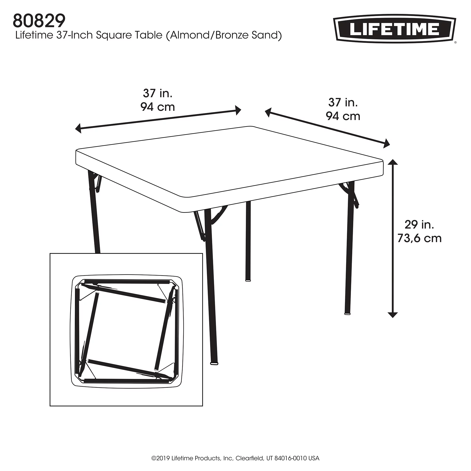 Lifetime 37 inch Square Folding Table, Indoor/Outdoor Commercial Grade, White Granite (80783)