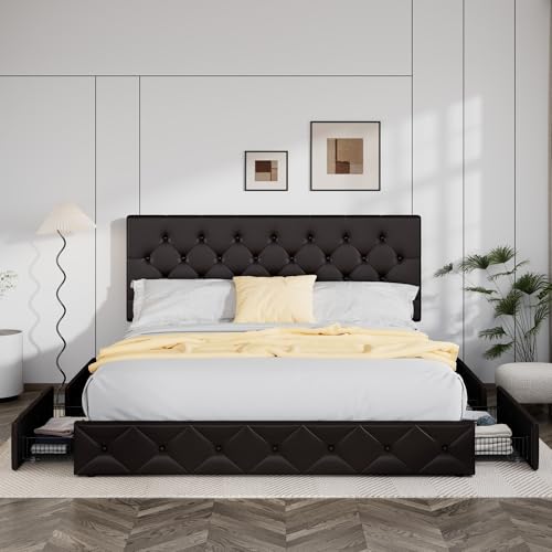 Allewie Upholstered Queen Size Platform Bed Frame with 4 Storage Drawers and Headboard, Square Stitched Button Tufted
