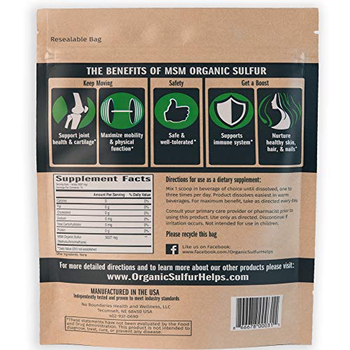 MSM Organic Sulfur Crystals by No Boundaries Health and Wellness – All-Natural, Premium Health Supplement: 99.9% Pure MSM – Benefits: Joint Pain