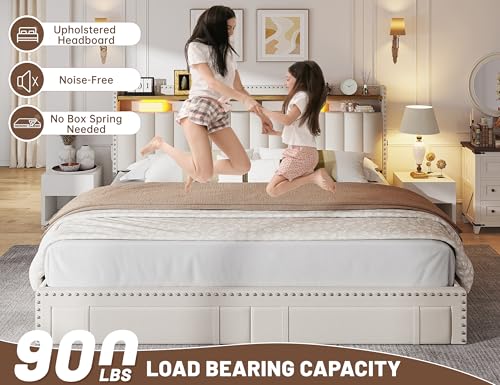 EnHomee Queen Bed Frame with 3 Storage Drawers, Upholstered Bed Frame Queen Size with 2-Tier Storage Headboard, Wooden Slats, No Box Spring Needed