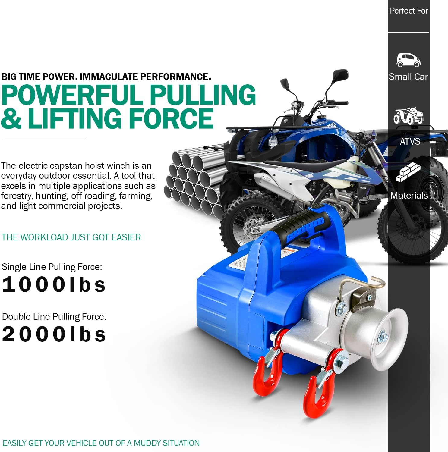 Landworks Electric Towing Capstan Winch Hoist Portable Cordless Brushless Motor Li-Ion Battery Powered 1000-2000 1/2-1 Ton Max Pulling Force for