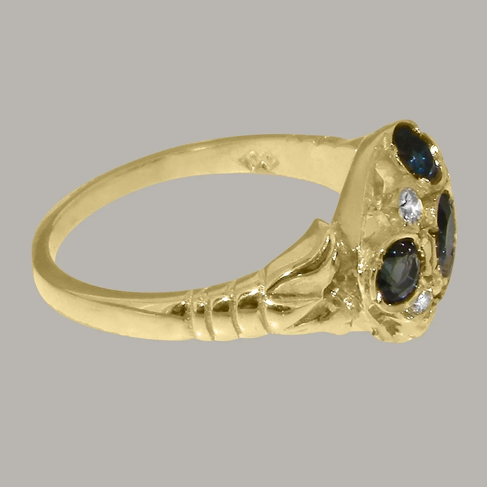 LBG British Made 14k Yellow Gold Natural London Blue Topaz & Diamond Womens Statement Ring - 33 size options - Size 10