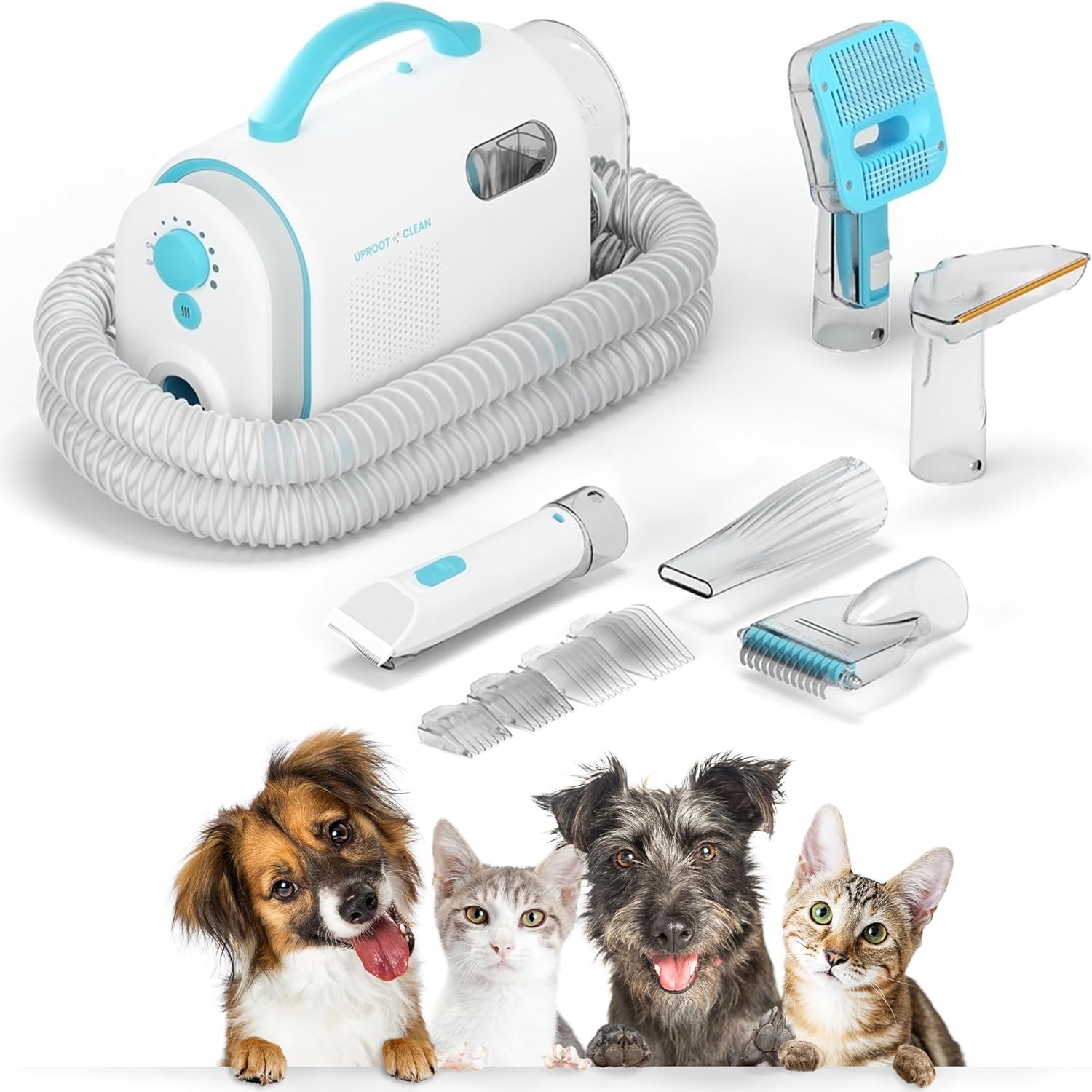 Uproot Clean Pet Grooming Vacuum Kit 7 in 1 - Cat & Dog Hair Vacuum Groomer with Brush, Detangle, Deshed, Trim, Clean, & Dry Attachments
