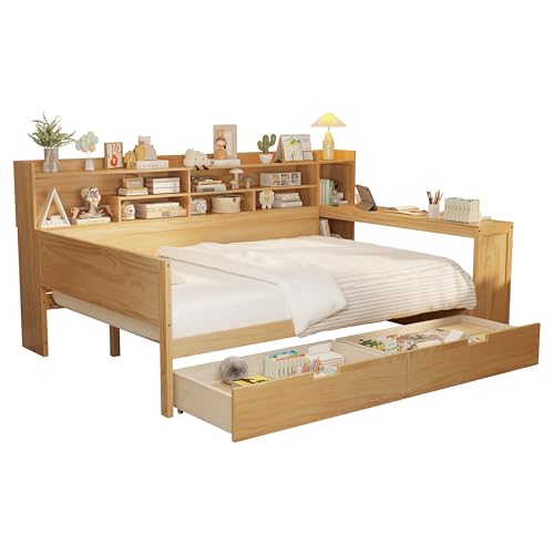 Corner Twin Bed Frame with Bookcase Storage and Desk, Wood Day Beds with 2 Drawers, Twin Size Daybed with Storage for Living Room