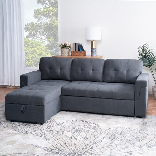 Naomi Home Reversible Sleeper Sectional Sofa Storage Chaise Velvet/Dark Gray