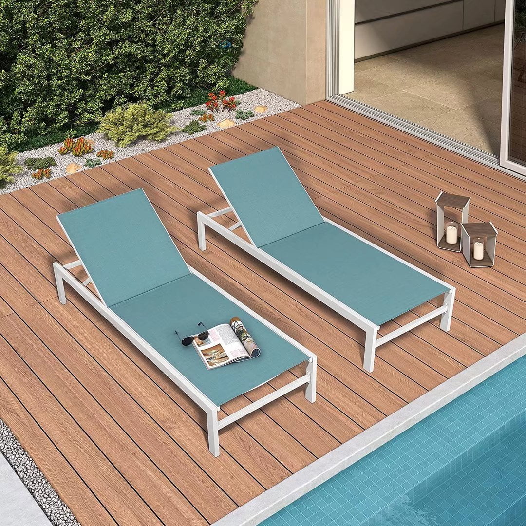 Ulax Furniture 2 Pieces Outdoor Aluminum Chaise Lounge Chairs Patio Sling Sun Recliner with Wheels (Turquoise)