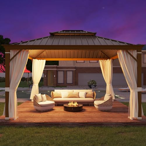 YOLENY 10' x 12' Hardtop Gazebo, Metal Gazebo with Aluminum Frame, Double Galvanized Steel Roof, Curtains and Netting Included