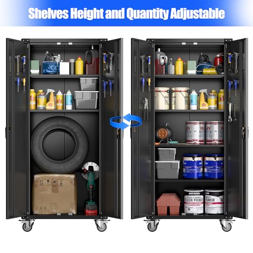 71" Metal Storage Cabinet with Wheels and Pegboard, Lockable Rolling Steel Storage Cabinet with 5 Adjustable Shelves and Door for Garage, Office