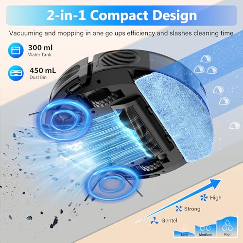 Tikom Robot Vacuum and Mop Combo, 5000Pa Robotic Vacuum Cleaner, 150 Min Max, App & Remote Control, Ideal for Hard Floor, Carpet, Pet Hair
