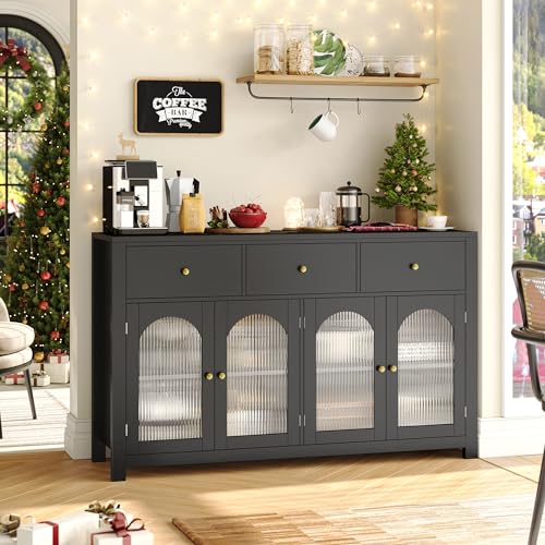 FINETONES Buffet Cabinet with Storage, 55.1" Large Sideboard Buffet Farmhouse Kitchen Cabinet with 3 Drawers and 4 Doors, Wood Coffee Bar for Kitchen