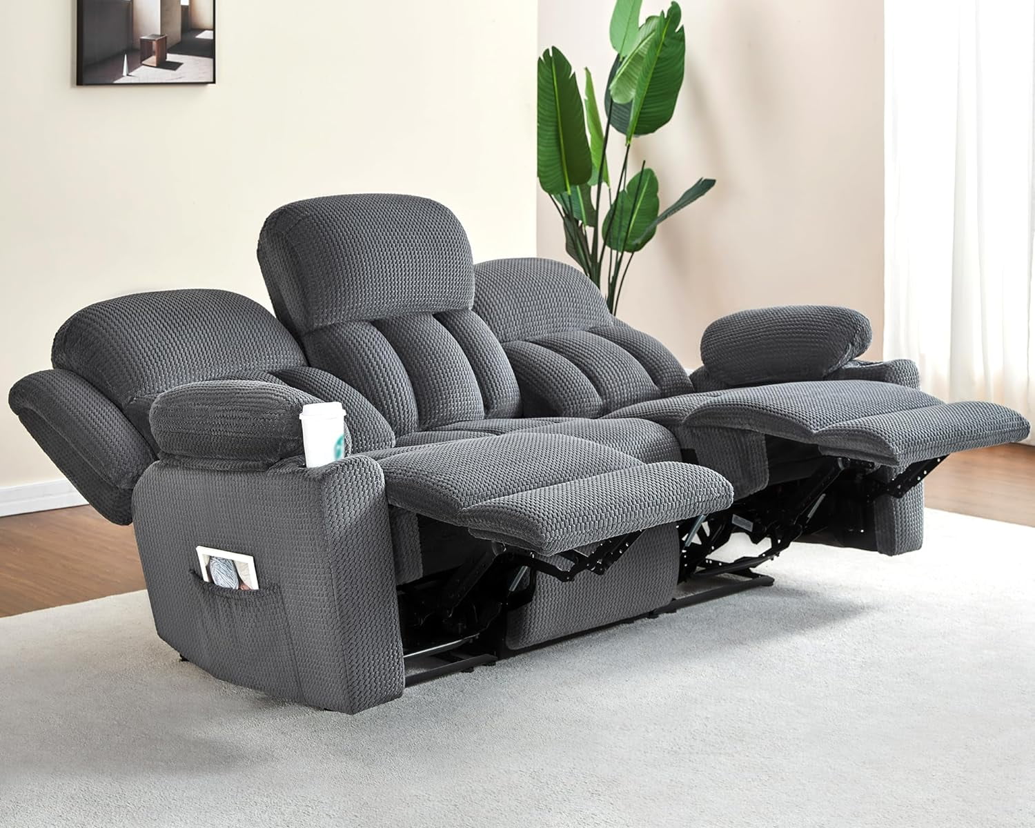 AMERLIFE Recliner Couch, 3 Seater Sofa with Cup Holders for Living Room- 85 inch Grey Comfy Couch
