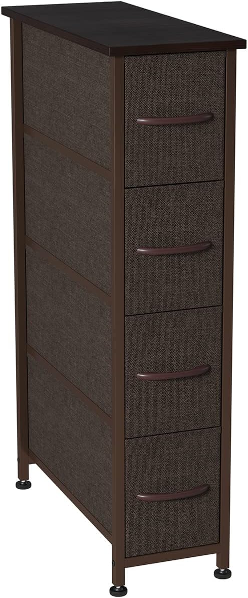 Somdot Vertical Dresser Narrow Storage Tower with 4 Drawers for Bedroom Office Laundry Closet Entryway Hallway Nursery Room, Steel Frame, Wood Top