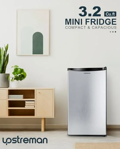 Upstreman 3.2 Cu.Ft Mini Fridge with Freezer, Single Door Mini Fridge, Adjustable Thermostat, Mini Refrigerator for Dorm, Office, Bedroom