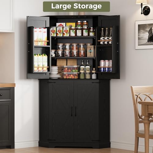 IRONCK Corner Cabinet, 72" Kitchen Pantry Cabinet, 6-Tier Farmhouse Pantry with 4 Adjustable Shelves, 240° Swivel Doors, 2 Doors Storage