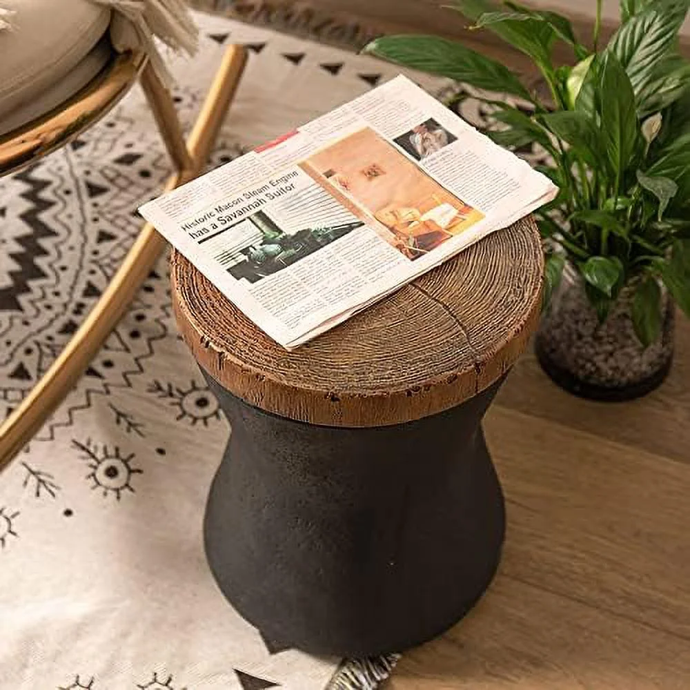 Drum End Table Cylinder Shaped Concrete Side Table Faux-Wood Top  Black Outdoor Accent Table with Tree Trunk Slice Hand Painted  Accent Stool