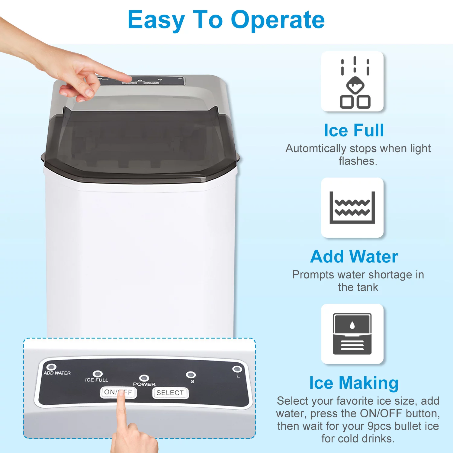 Countertop Ice Maker, Max 33Lbs/24H, 9 Bullet-Shaped Ice Cubes Ready in 6 Mins