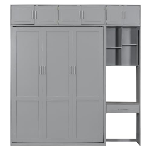 Queen Size Wall Murphy Bed with Desk, Top Cabinet and Storage Shelves, Wood Queen Murphy Hidden Wall Bed for Home Office or Small Room