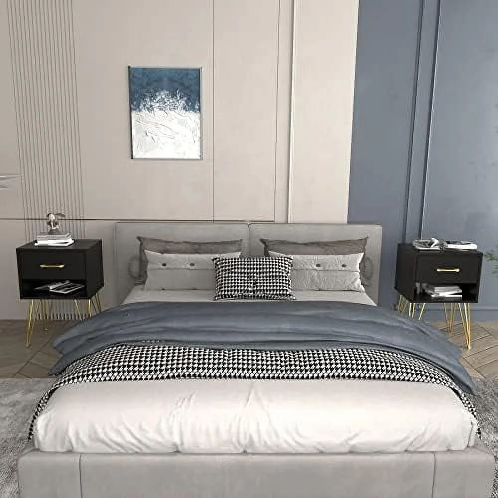 HOOMHIBIU Black Nightstand Set of 2  Wooden End Table Set with Drawer &amp;   Bed Side Table with Gold Metal Legs for Bedroom Small Space  (15.7"