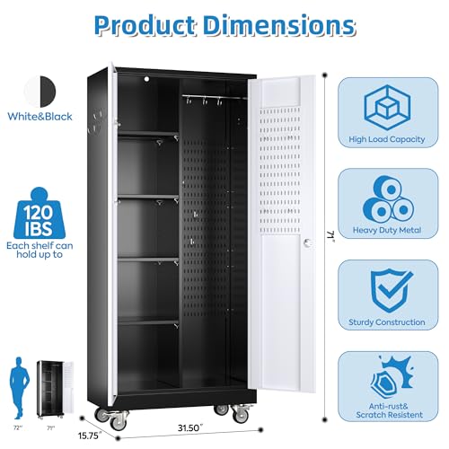 Garage Storage Cabinet with Wheels & Pegboard, 72" H Locking Metal Storage Cabinet with Doors and 4 Adjustable Shelves for Garage Workshop Home