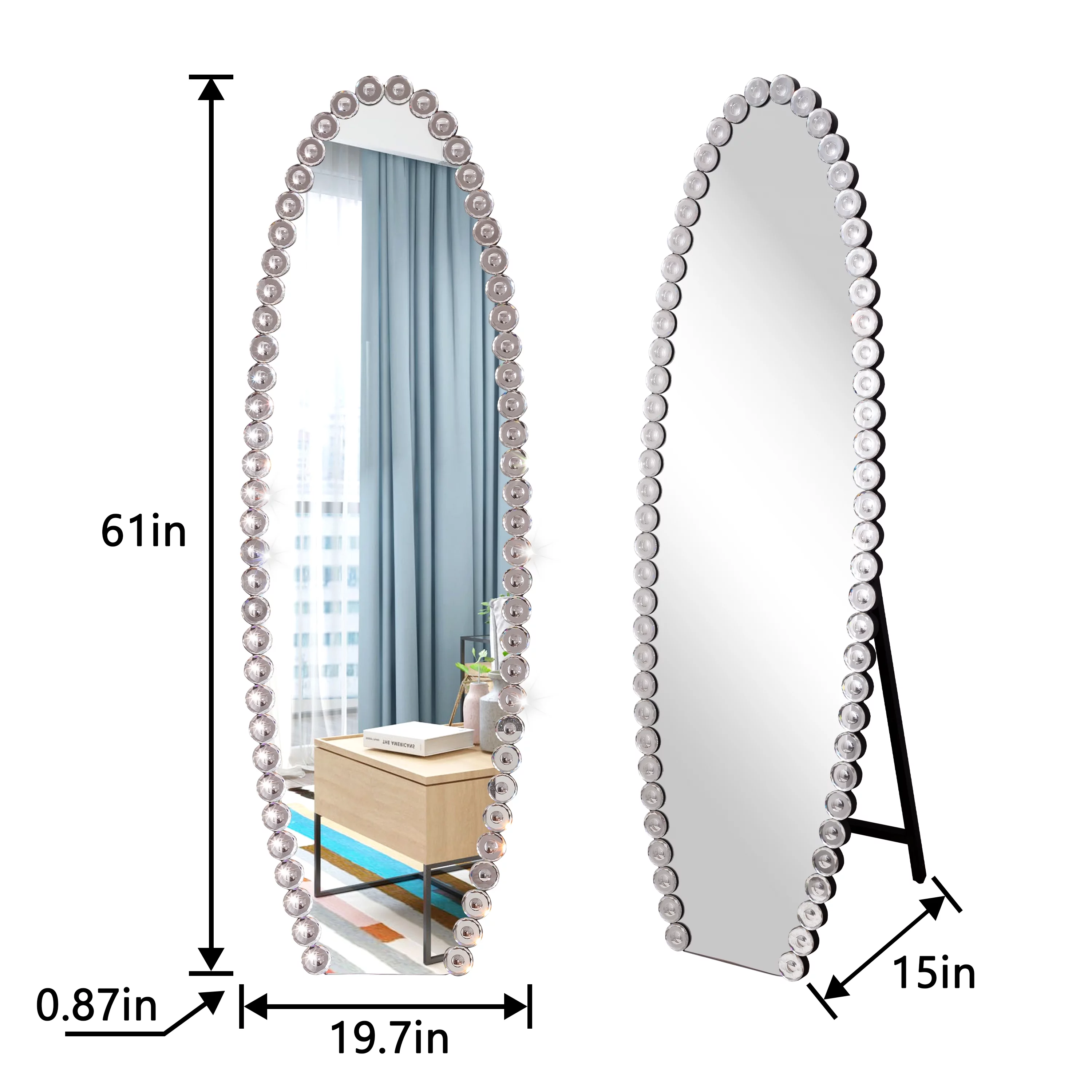 SHYFOY Oval Jeweled Floor Mirror Accent Crystal Full Length Mirror for Home Decor Living Room 61"X19.7"