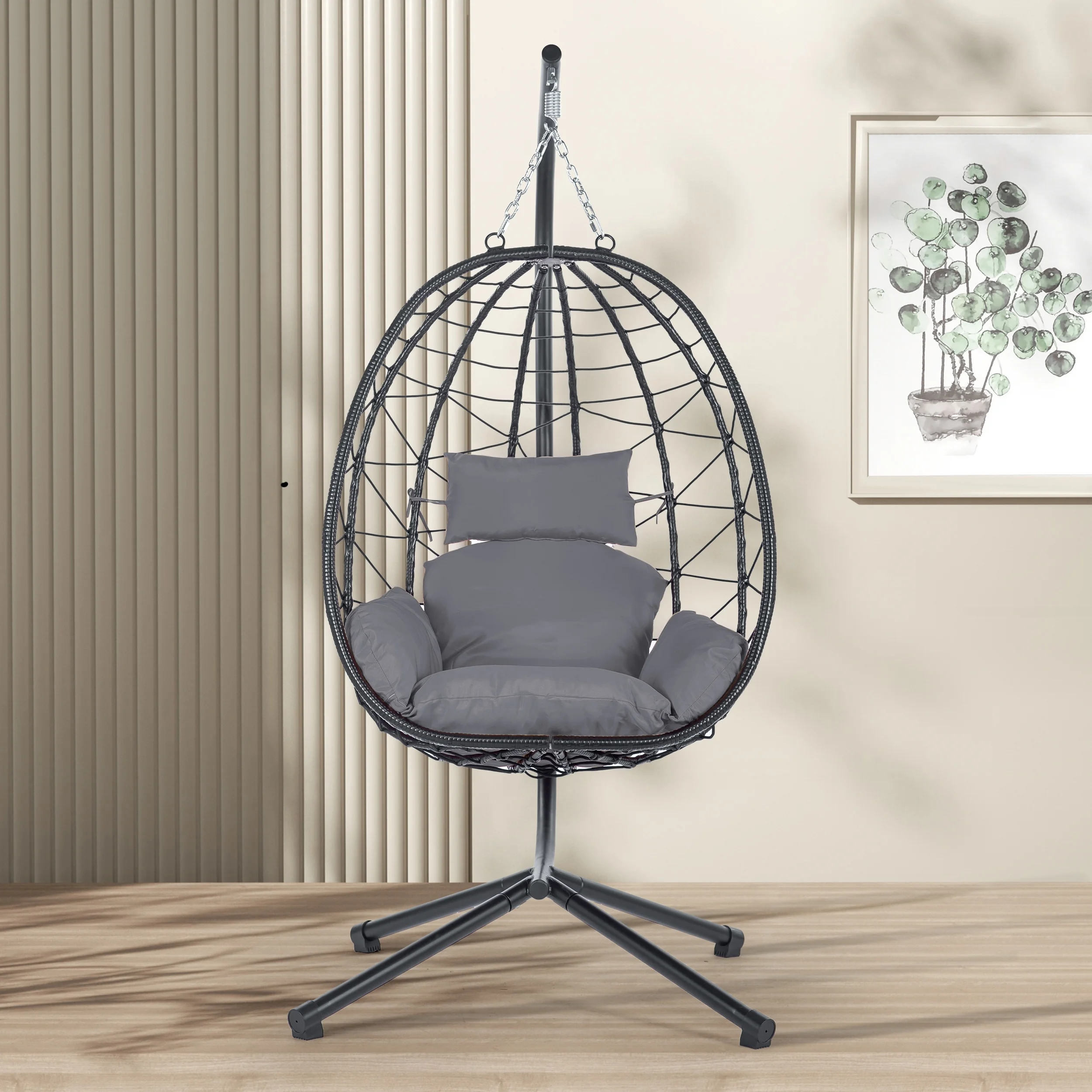 Egg Chair with Stand, Steel Frame Swing Chair Hanging Chair Max 350Lbs with Cushions & Pillow Bedroom, Outdoor, Porch, Garden, Deck, Gray