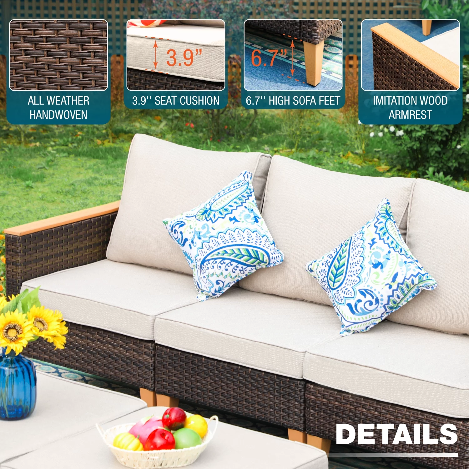 MF Studio 7 Piece Patio Conversation Set  Outdoor Wicker Furniture Set Beige