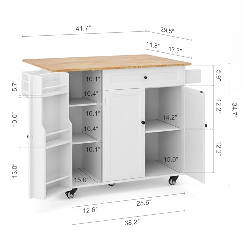 Ahomly Kitchen Island with Storage, Island Table for Kitchen with Drop Leaf, 5 Wheels, Interal Storage Rack, a Drawer, Spicy Rack and Towel Bar