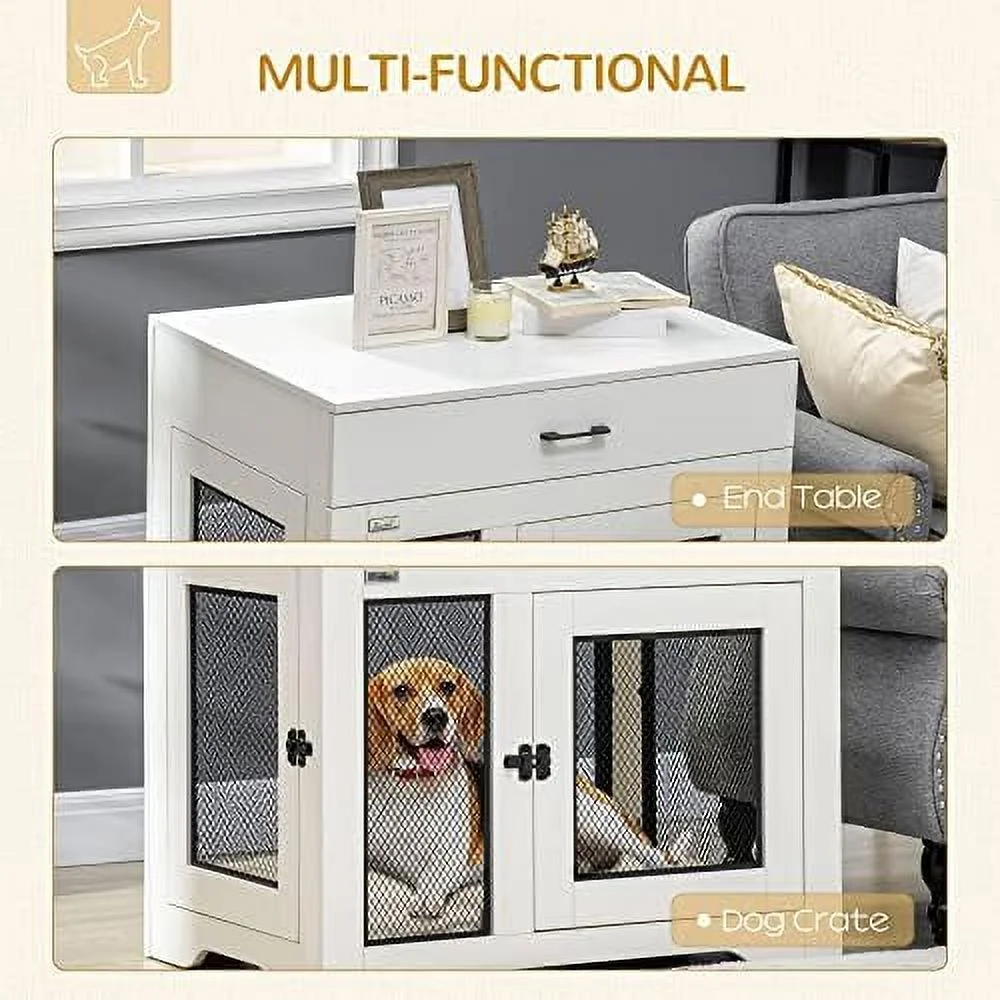 dog crate furniture with soft water-resistant cushion, dog crate end table with drawer, puppy crate for small dogs indoor with 2 doors, white
