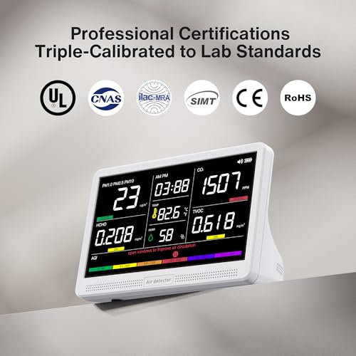bonoch 16 in 1 Air Quality Monitor Indoor 7" Display 9 AQI+7 AQI Alerts Air Quality Tester for CO2, TVOC, PM2.5 PM1.0 PM10, HCHO
