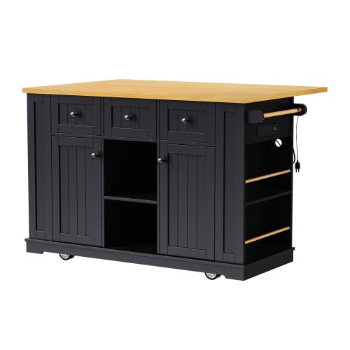 Bellemave Kitchen Island with Storage Cabinet on Wheels, 53.5'' Mobile Kitchen Cart with Power Outlet, Drop Leaf, Spice/Towel Rack and Drawer