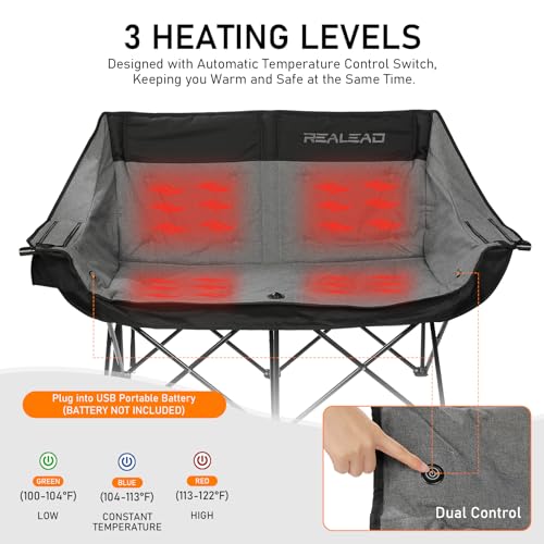 REALEAD Heated Double Camping Chair, 3 Heat Levels and 4 Heating Zones, Portable Heated Loveseat Chair for Outdoor Sports Support 650lbs