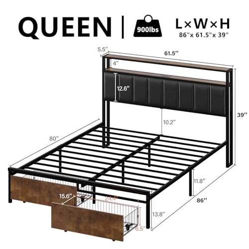 Full Bed Frame with 2 Storage Drawers, 2-Tier Storage PU Headboard with Charging Station& LED Lights