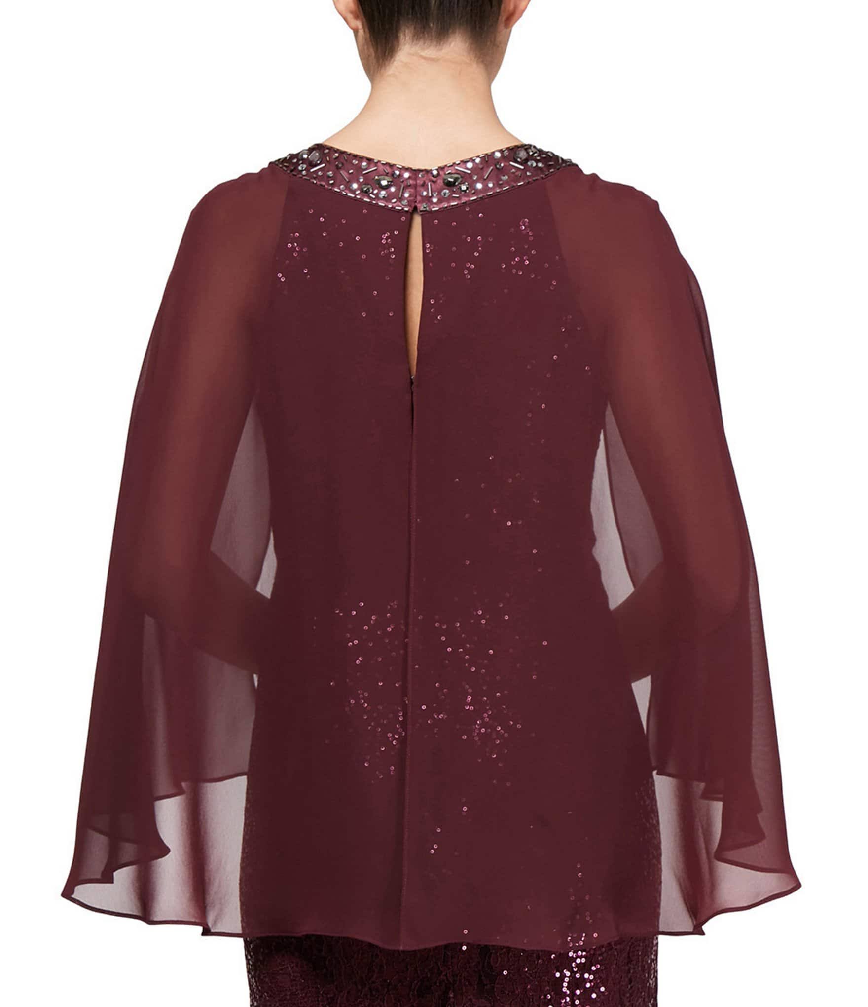 Ignite Evenings Petite Size Sequin Lace Chiffon Beaded Round Neck Capelet 34 Sleeve Gown - 8p