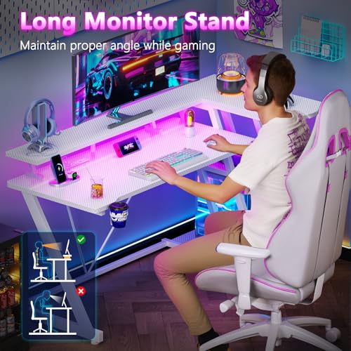 55 Inch Gaming Desk with Power Outlet & LED Lights, L Shaped Gamer Computer Table with Storage Shelves for Bedroom, Corner Home Office Desk
