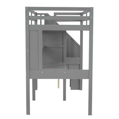Loft Bed Twin Size with Storage Stairs and Double Desks, Wood Loft Bed Frame with Storage Shelves