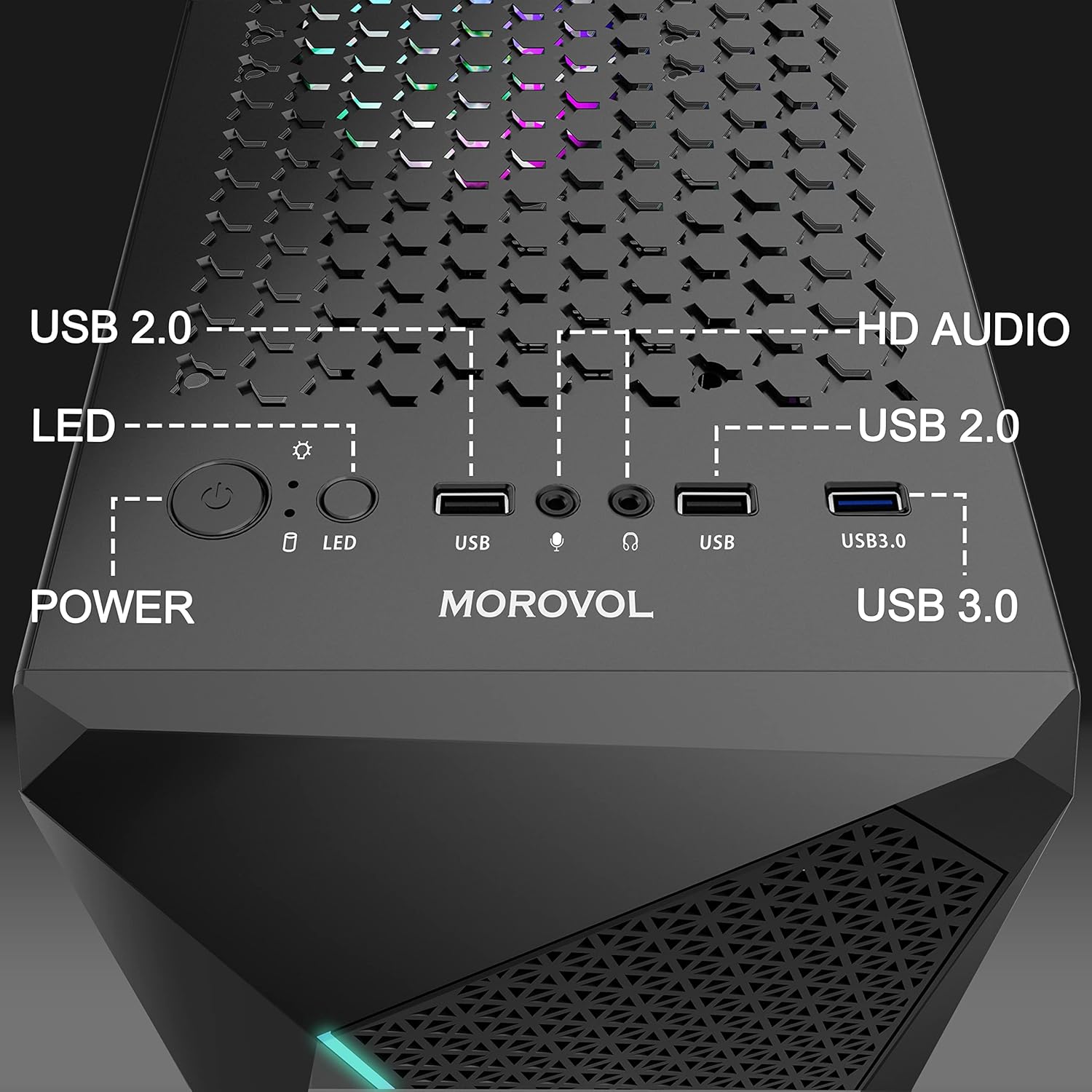 MOROVOL PC Case with LED Light Strip, ATX PC Case Designed with Irregular Front Panel Mid Tower Computer Case