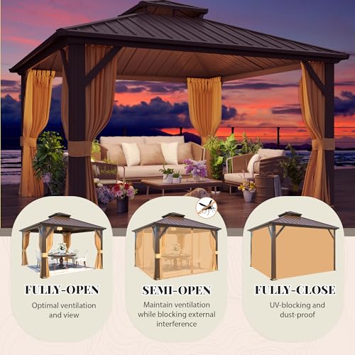 YOLENY 10' x 12' Hardtop Gazebo, Metal Gazebo with Aluminum Frame, Double Galvanized Steel Roof, Curtains and Netting Included