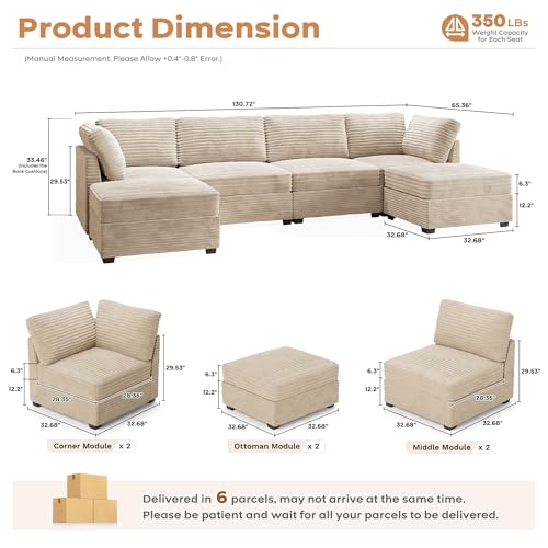 ovios 130.7" Modular Sectional Sofa Couch, U-Shaped Cloud Couches with 2 Ottomans Chaise