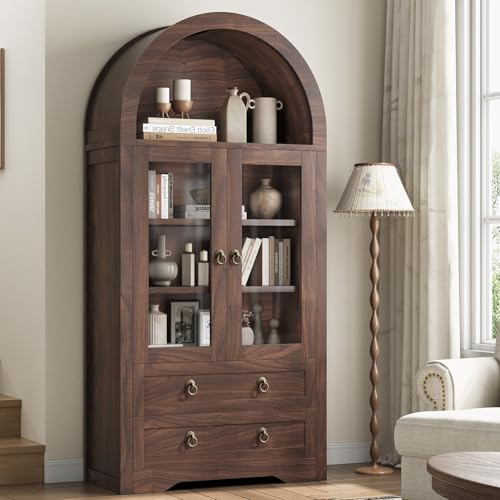 Kitchen Pantry Cabinet, Arched Bookshelf Bookcase China Pantry Storage Cabinet with Drawers Doors and Shelves