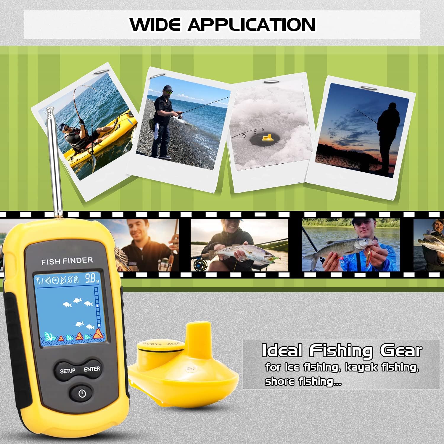 Atibin Castable Kayak Depth Finder Fishing Wireless Portable Fishing Finder Transducer Canoe Shore Fish Finder Sonar Detector Handheld Lake Sea Pack