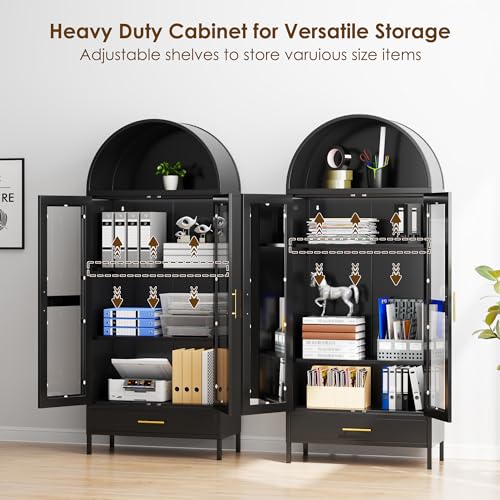 Metal Arched Storage Display Cabinet in Black with Drawer, Arched Cabinets with Glass Doors and Shelves for Living Room, Kitchens and Bedrooms
