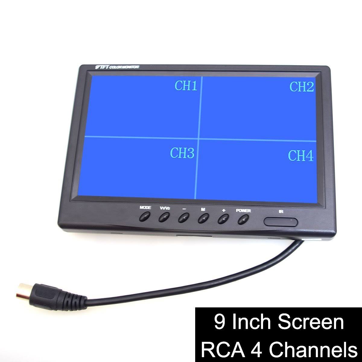E-KYLIN 9x22 TFT LCD Quad Split Monitor for Auto Truck CCTV Surveillance, Remote Control, 4 Channels RCA Video Inputs - 12V-24V