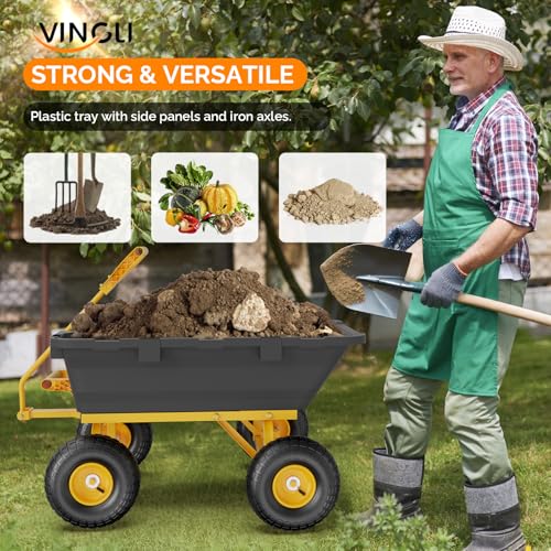 VINGLI Heavy Duty Dump Cart Wagon, 770LBS Quick-Release Dump Poly Wheelbarrow, 10in All-Terrain Pneumatic Tires Garden Wagon for Garden, Yard, Beach