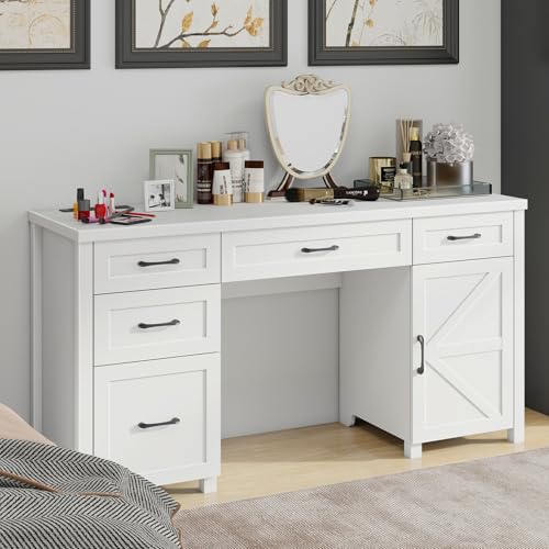 Farmhouse 61'' Executive Desk with 5 Drawers, Rustic Office Desk Computer Desk with Charging Station, File Drawers and Storage Cabinet
