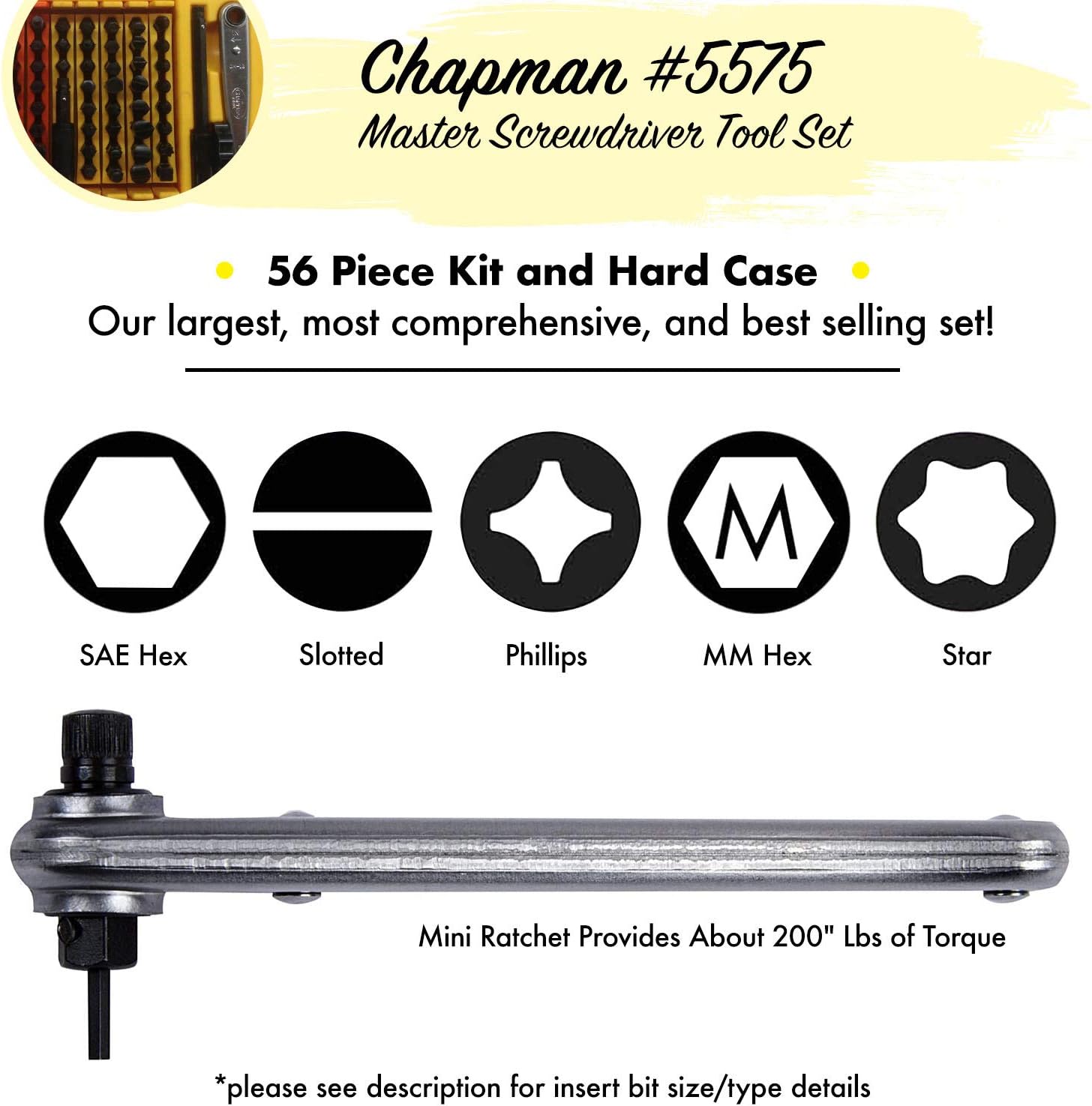 Chapman MFG 7331 All-Purpose Standard Screwdriver Set - Includes Phillips, SAE Allen Hex & Slotted/Flathead Bits