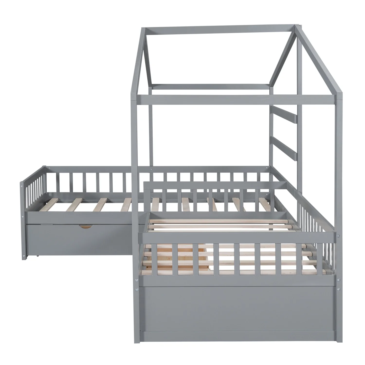 Churanty L Shaped Twin Bed for 2 Kids, Twin Size House Platform Bed with 3 Storage Drawers, Wood Double Twin Beds with Fence and Roof